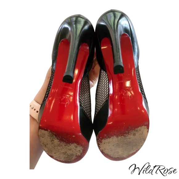 CHRISTIAN LOUBOUTIN Black Leather & Fishnet Mesh Platform Pumps SZ 38 - Picture 14 of 17